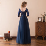 A Line Half Sleeve Beading Navy Blue Tulle Prom Dress Sequins Party Dress WH26617