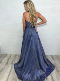 A Line Halter V Neck Sparkly Long Prom Dresses With Sweep Train PD1116
