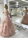 Modest Ball Gown Sleeveless Pink Lace Floor-length Prom Dress Long Sweet 16 Dress