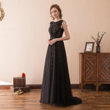 A Line Sleeveless Black Lace Sweep Train Prom Dress WH26616