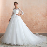 Ball Gown 3/4 Sleeve Appliques Organza Cathedral Train Wedding Dress WH37365