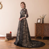 Vintage A Line High Neck 3/4 sleeves Black Lace Court Train Prom Dress Party Dress WH28605