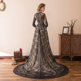 Vintage A Line High Neck 3/4 sleeves Black Lace Court Train Prom Dress Party Dress WH28605