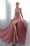 Unique A Line V-Neck Beading Sleeveless Split Prom Dress Sequins Party Dress WH30651