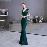 Mermaid V-Neck Cap Sleeves Sequins Floor Length Prom Dress WH24451