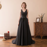 Elegant A Line V-Neck Black Satin Sleeveless Court Train Prom Dress WH22613