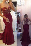 Burgundy Mermaid Sleeveless See Through Lace Appliques Prom Dresses