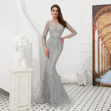 Elegant Mermaid V-Neck Long Sleeve Beads Grey Tulle Prom Dress WH92309