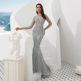Elegant Mermaid V-Neck Long Sleeve Beads Grey Tulle Prom Dress WH92309