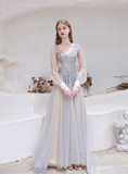 A Line V-Neck Long Sleeve Beading Tulle Court Train Prom Dress Party Dress WH661014