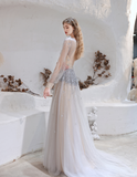 A Line V-Neck Long Sleeve Beading Tulle Court Train Prom Dress Party Dress WH661014