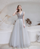 A Line V-Neck Short Sleeve Floor Length Prom Dress Sequins Party Dress WH361013