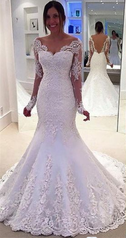 Elegant Sleeves Mermaid Lace Off-the-Shoulder Long Wedding Dresses ...