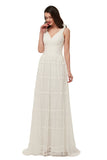 V-Neck Sleeveless Open Back A-Line Lace Ivory Sweep Trailing Wedding Dress Y9509