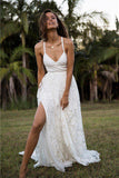 Charming Lace Long A-line Spaghetti Straps Ivory V-Neck Beach Wedding Dress UK PH416