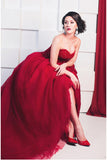 New Style Red Tulle Lace up Sweetheart Strapless Beads Ball Gown Prom Quinceanera Dress PH512