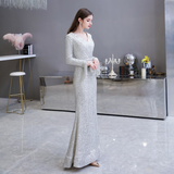 Mermaid V-Neck Long Sleeves Tassels Sequins Floor Length Prom Dress WH24441