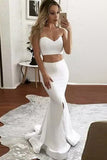 Ivory Mermaid Sweetheart Satin Two Pieces Slit Floor-length Draped Prom Dresses UK PH406