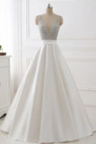 Stunning Ivory A-Line V-Neck Satin Backless Sleeveless Evening Prom Dress with Beaded UK PH483