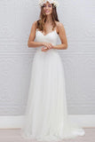 V-Neck Long Tulle A-line White Spaghetti Straps Backless With Bodice Wedding Dresses PH395C
