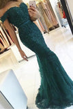 Elegant Emerald Green Off Shoulder Lace Mermaid Beads Sweetheart Prom Dresses UK PH412