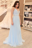 Gorgeous Straps Light Sky Blue Chiffon V-Neck Backless Sleeveless A Line Long Prom Dress PH485