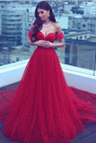 Gorgeous Tulle Red Off the Shoulder Sweetheart A-Line Lace up Wedding Dresses UK PH498