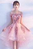 Pink Lace Tulle Short Prom Dress,Off-the-Shoulder Appliques Lace up Homecoming Dresses PH407