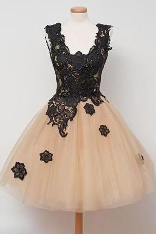 A Line Black Lace Tulle Appliques Short Homecoming Dress