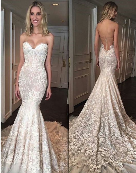 Mermaid Sweetheart Champagne Tulle Appliques Lace Wedding Dresses uk ...