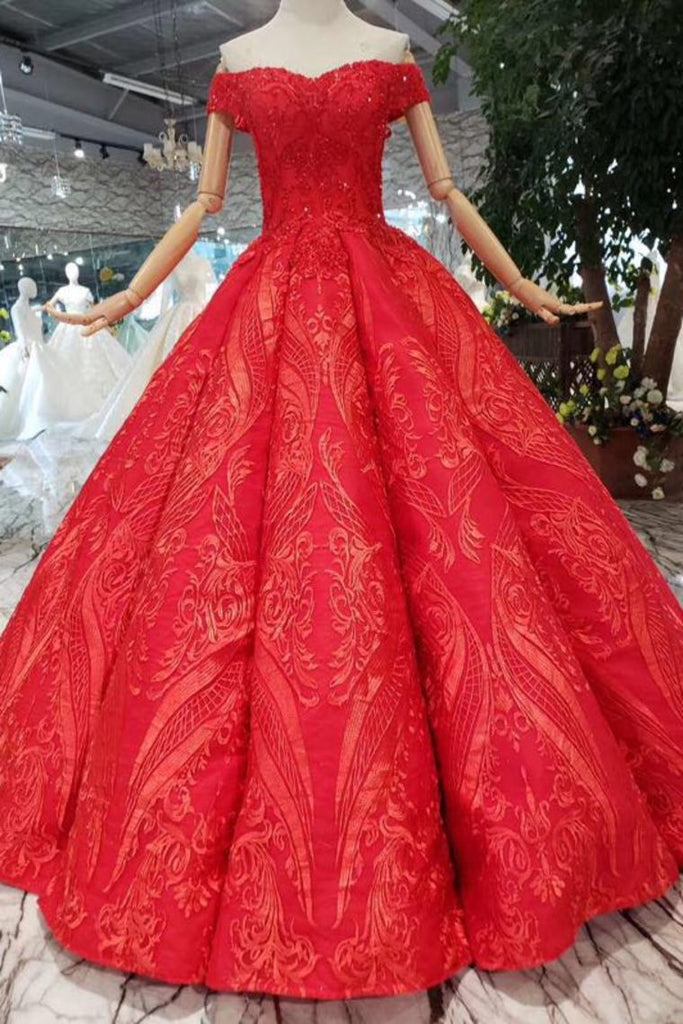 Red Off The Shoulder Lace Appliques Beads with Lace up Prom Dress, Quinceanera Dresses PW788