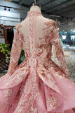 Long Sleeve Ball Gown High Neck With Lace Applique Beads Lace up Prom Dresses PW793