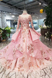Long Sleeve Ball Gown High Neck With Lace Applique Beads Lace up Prom Dresses PW793