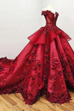 Chic Ball Gown V-Neck Beads Appliques Red Off the Shoulder Long Prom Dress PW139