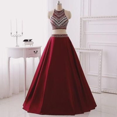 Two Piece Burgundy Glitter Halter Sparkly Prom Dresses uk For Teens ...