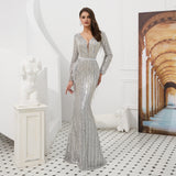 Gorgeous Mermaid Deep V-Neck Sequins Long Sleeve Grey Tulle Prom Dress WH99310