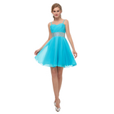 A Line Spaghetti Straps Beading Blue Chiffon Short Above Knee Homecoming Dress Prom Dress WH15671
