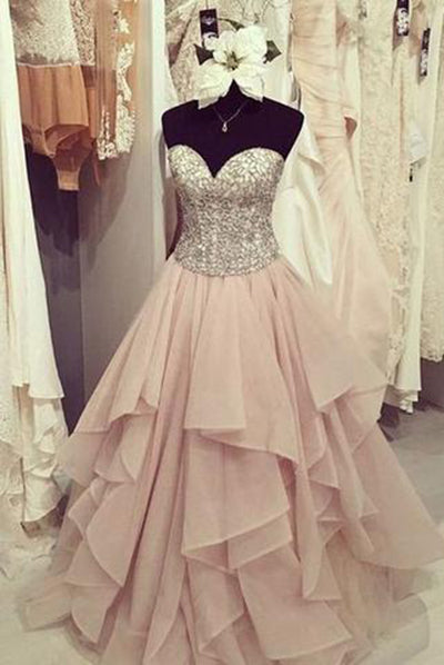Elegant chiffon A Line sweetheart sequins long Prom Dresses