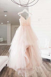 Elegant A Line Spaghetti Straps V Neck Tulle Pink Backless Long Prom Dresses uk PW35