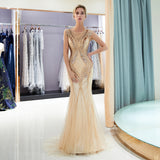 Mermaid Sleeveless Sequins Tulle Sweep Train Prom Dress Party Dress WH84702