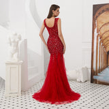 Stunning Mermaid Applique Sleeveless Beads Red Tulle Prom Dress WH94696