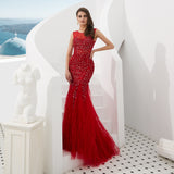 Stunning Mermaid Applique Sleeveless Beads Red Tulle Prom Dress WH94696