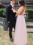 Charming A Line V-Neck Open Back Tulle Pink Prom Dress with Beading Prom Dress P1506