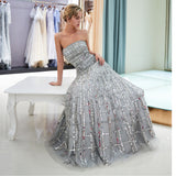 Shiny A Line Strapless Sleeveless Sequins Tulle Floor Length Prom Dress Party Dress WH71703
