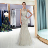 Gorgeous Mermaid Sleeveless Sequins Beading Tulle Sweep Train Prom Dress Party Dress WH74685