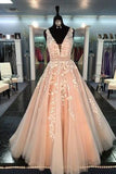 Puffy V-Neck Tulle Party Gown Lace Appliques Formal Prom Dresses