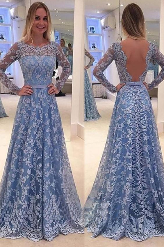 Blue Backless Lace Sweep Train Long Sleeves Long Prom Dress