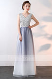 Elegant A-Line Ombre Tulle Beads V-Neck Sleeveless Open Back Prom Dresses UK PH536