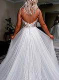 Shiny A Line Spaghetti Straps Sequin White Tulle Prom Dresses Evening Gown