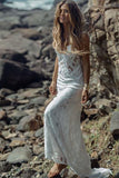 Long Simple A-Line Sheath Spaghetti Straps Backless Sweetheart Lace Beach Wedding Dresses PM382